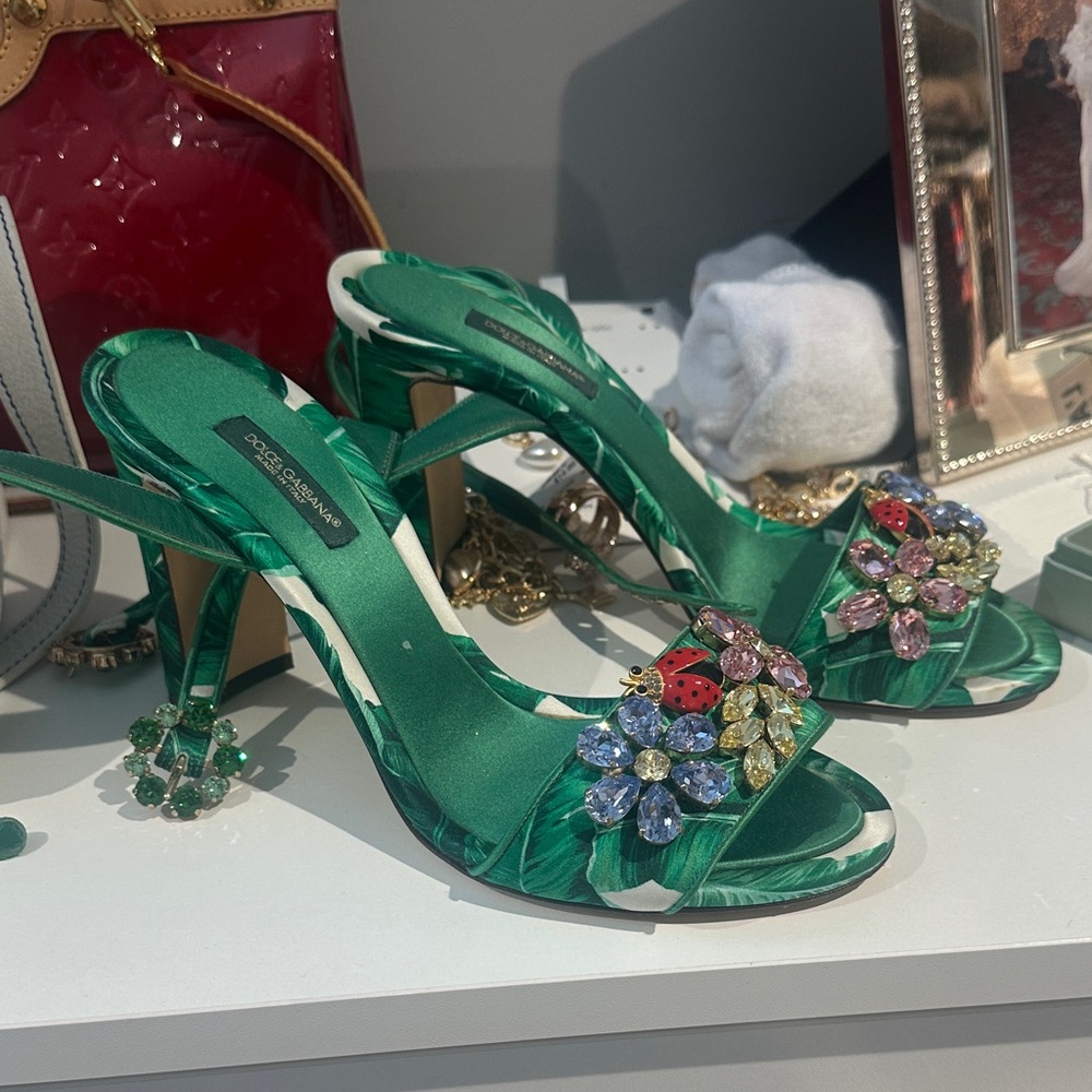 Dolce & Gabbana Green Satin Heels with Jewel Embellishments